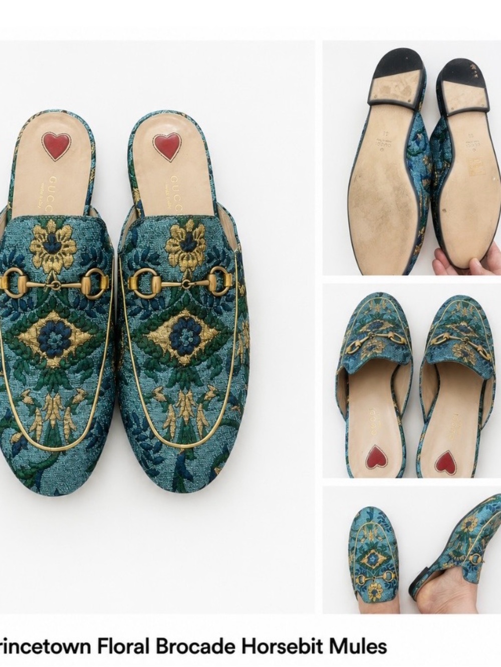 Gucci Teal Floral Brocade Horsebit Mules with Gold Hardware